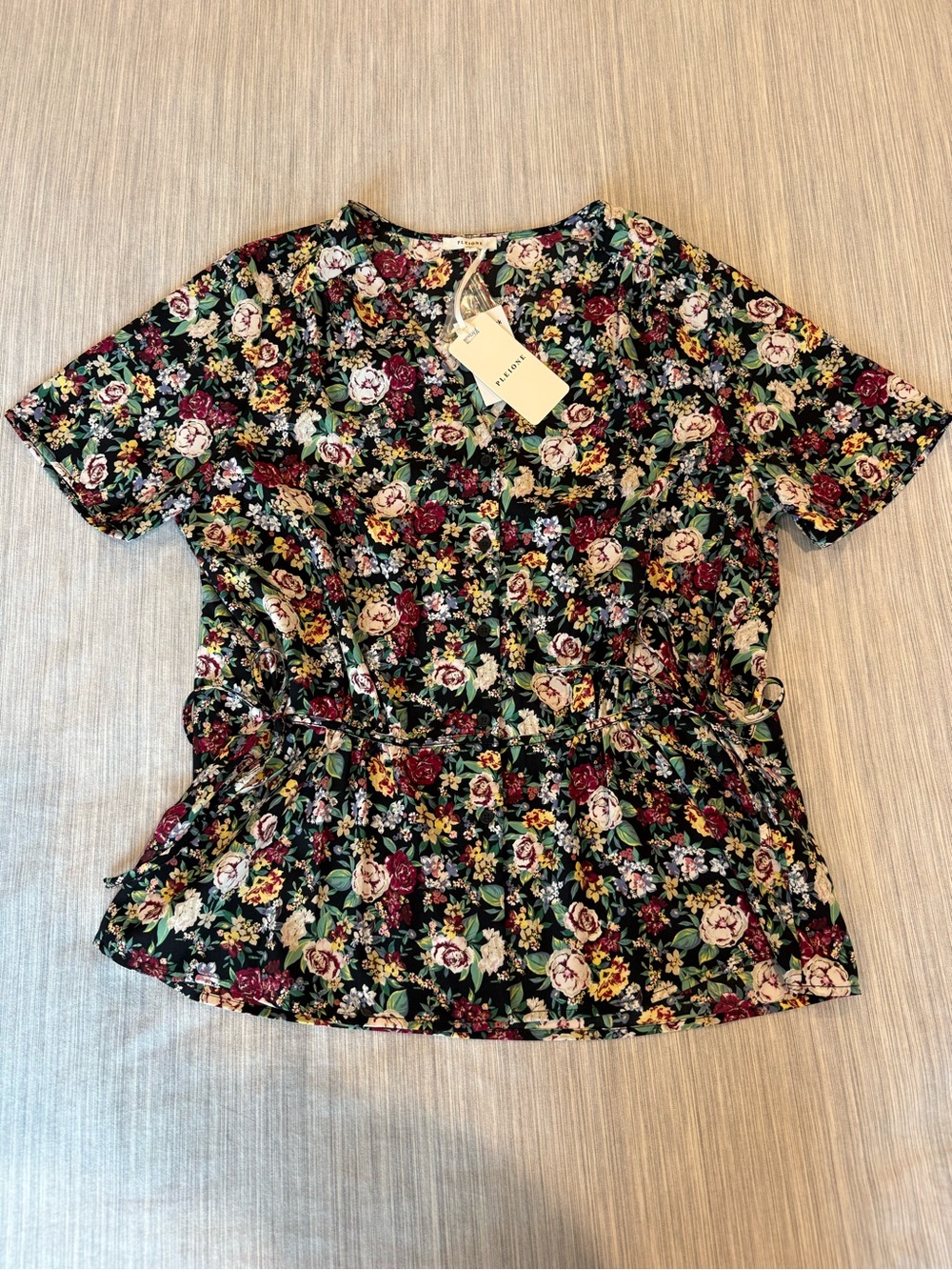 Pleione Floral Short-Sleeve Peplum Top in Black, Burgundy, Cream
